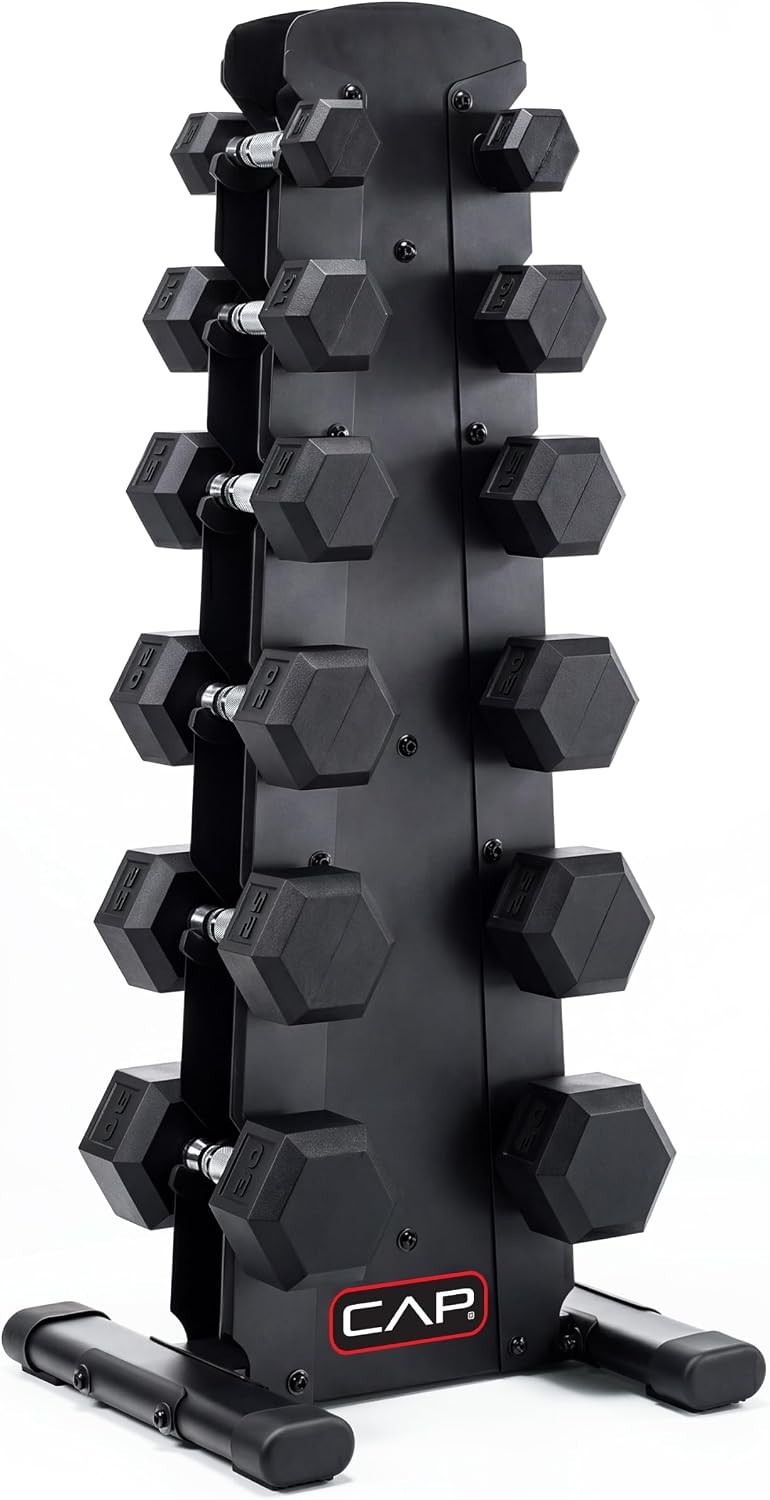 CAP Rubber Coated Dumbbell Weight Set with Vertical Rack | 100 lb, 150 lb, and 210 lb Options