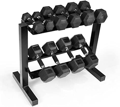 CAP 150 LB Dumbbell Set with 2-Tier Rack, Rubber Hex Free Weights Set, Home G...
