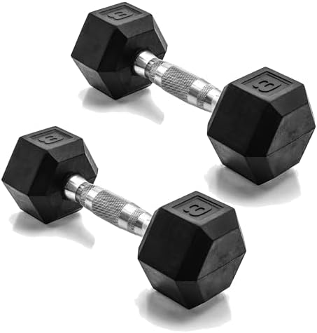 CAP Rubber Coated Dumbbell Weights, Free Weights for Home Gym Strength Training, Anti-Roll Hex Dumbbells with Black, Chrome & Comfort Grip Handles, Pairs & Sets